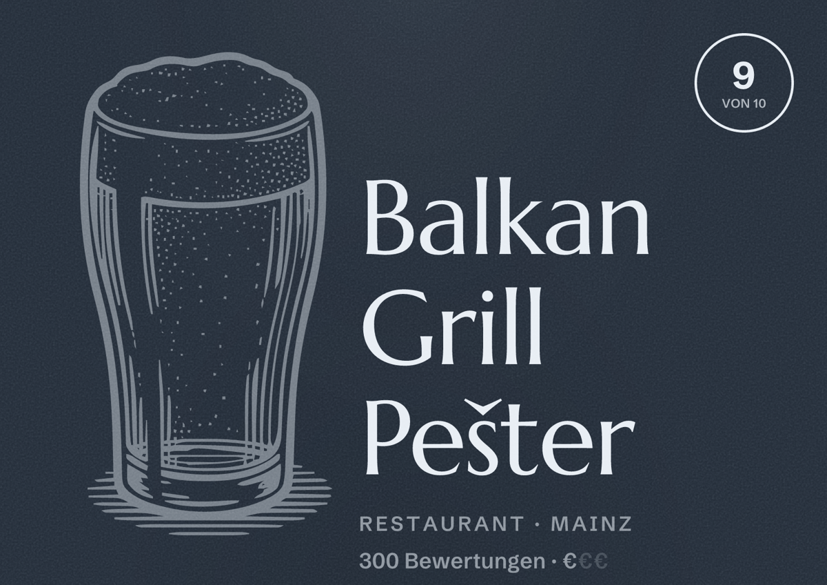Illustriertes Poster von Balkan Grill Pešter, Restaurant in Mainz: Bewertung 9,0 von 10 aus 300 Bewertungen, Preisniveau €