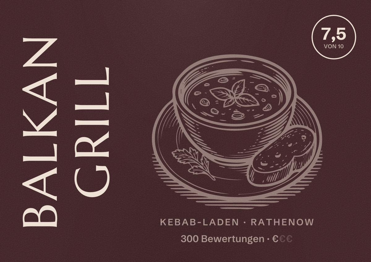 Illustriertes Poster von Balkan Grill, Kebab-Laden in Rathenow: Bewertung 7,5 von 10 aus 300 Bewertungen, Preisniveau €