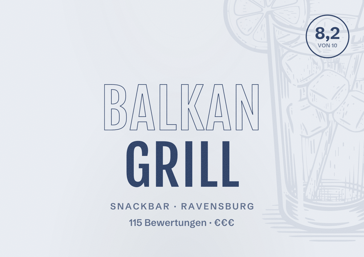 Illustriertes Poster von Balkan Grill, Snackbar in Ravensburg: Bewertung 8,2 von 10 aus 115 Bewertungen, Preisniveau €€€