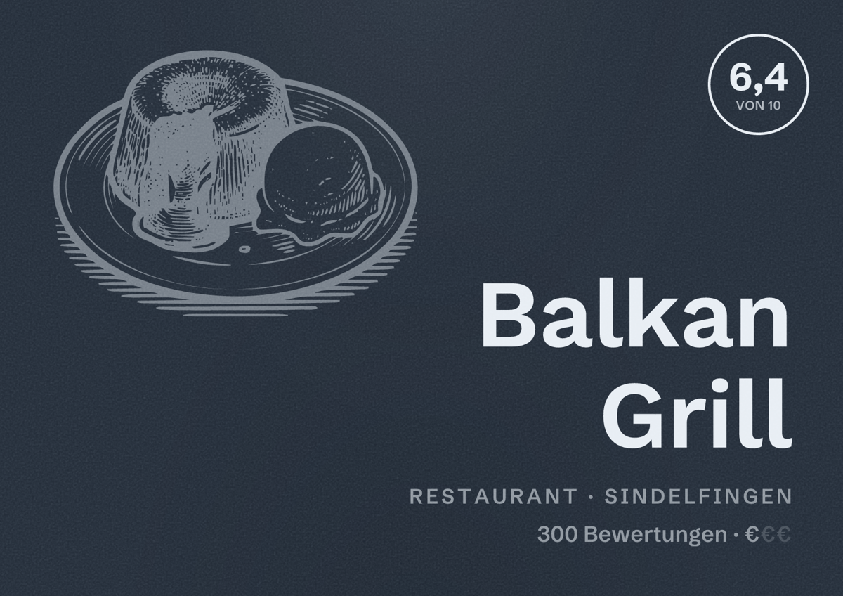 Illustriertes Poster von Balkan Grill, Restaurant in Sindelfingen: Bewertung 6,4 von 10 aus 300 Bewertungen, Preisniveau €