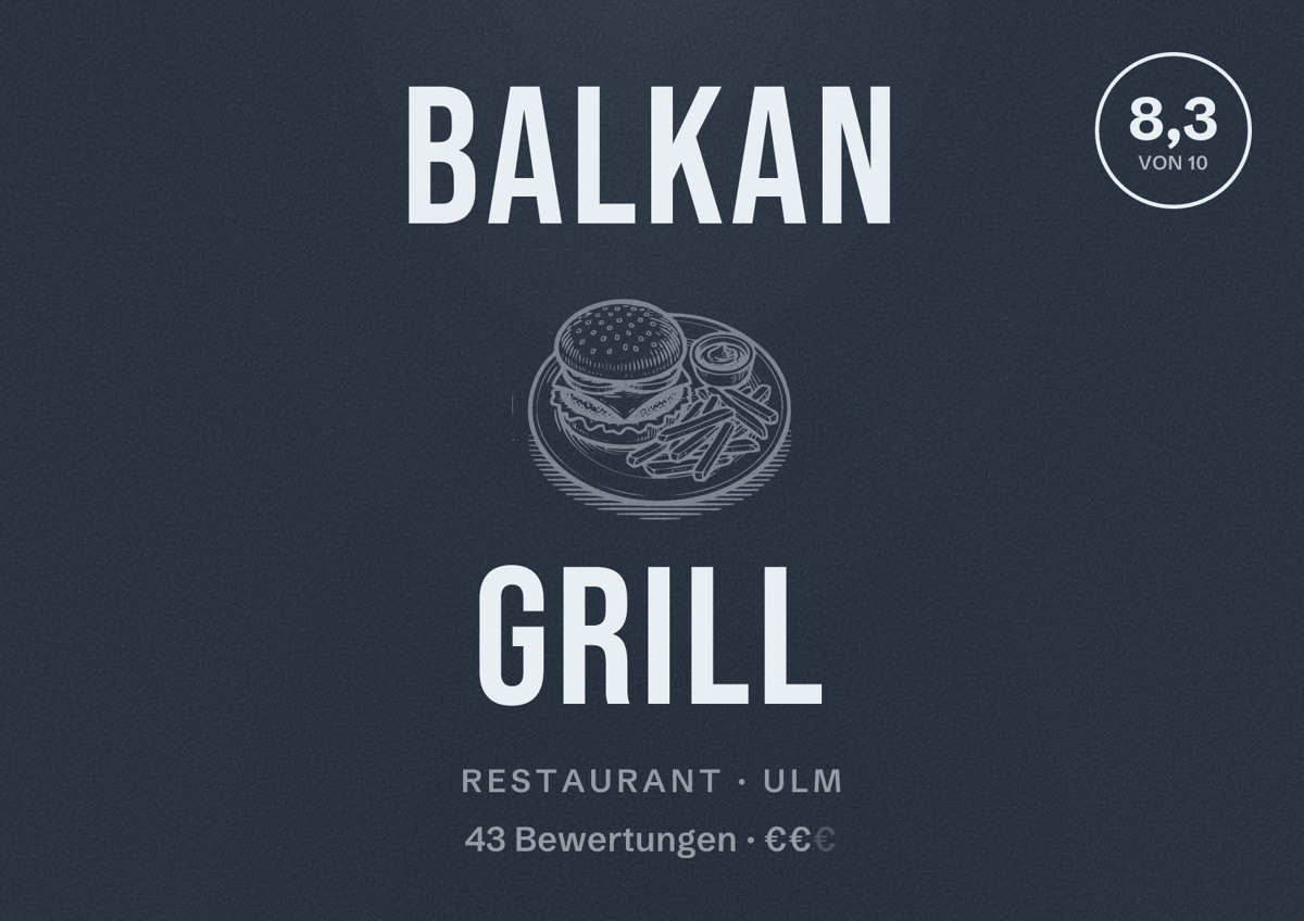 Illustriertes Poster von Balkan Grill, Restaurant in Ulm: Bewertung 8,3 von 10 aus 43 Bewertungen, Preisniveau €€