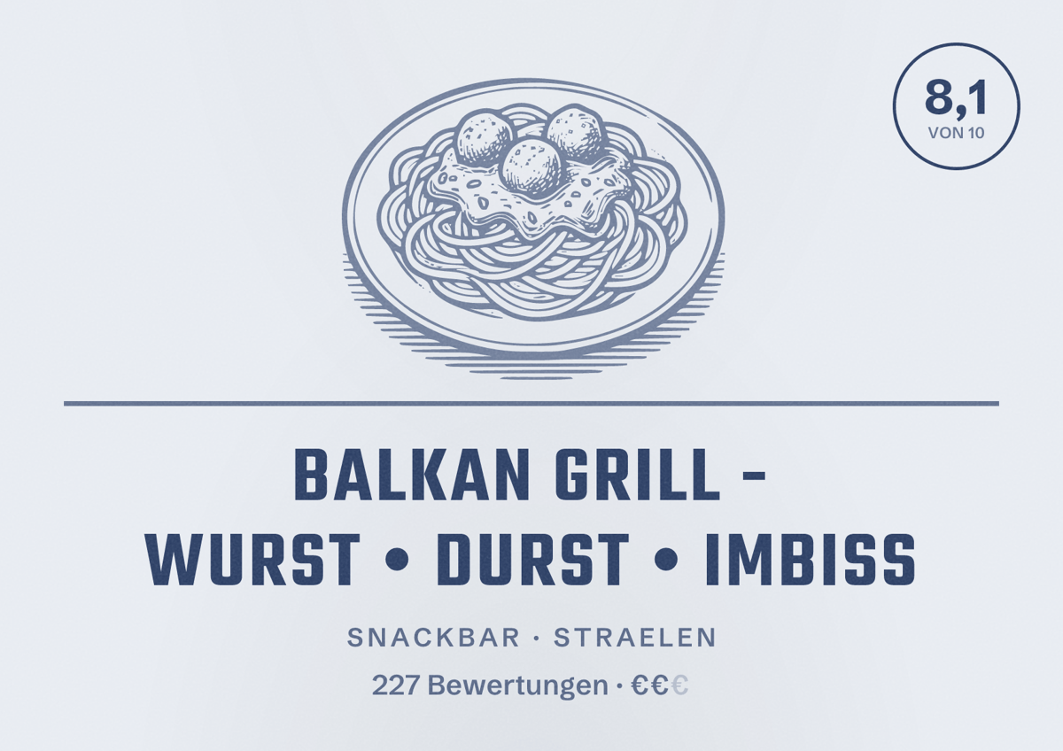 Illustriertes Poster von Balkan Grill - Wurst • Durst • Imbiss, Snackbar in Straelen: Bewertung 8,1 von 10 aus 227 Bewertungen, Preisniveau €€