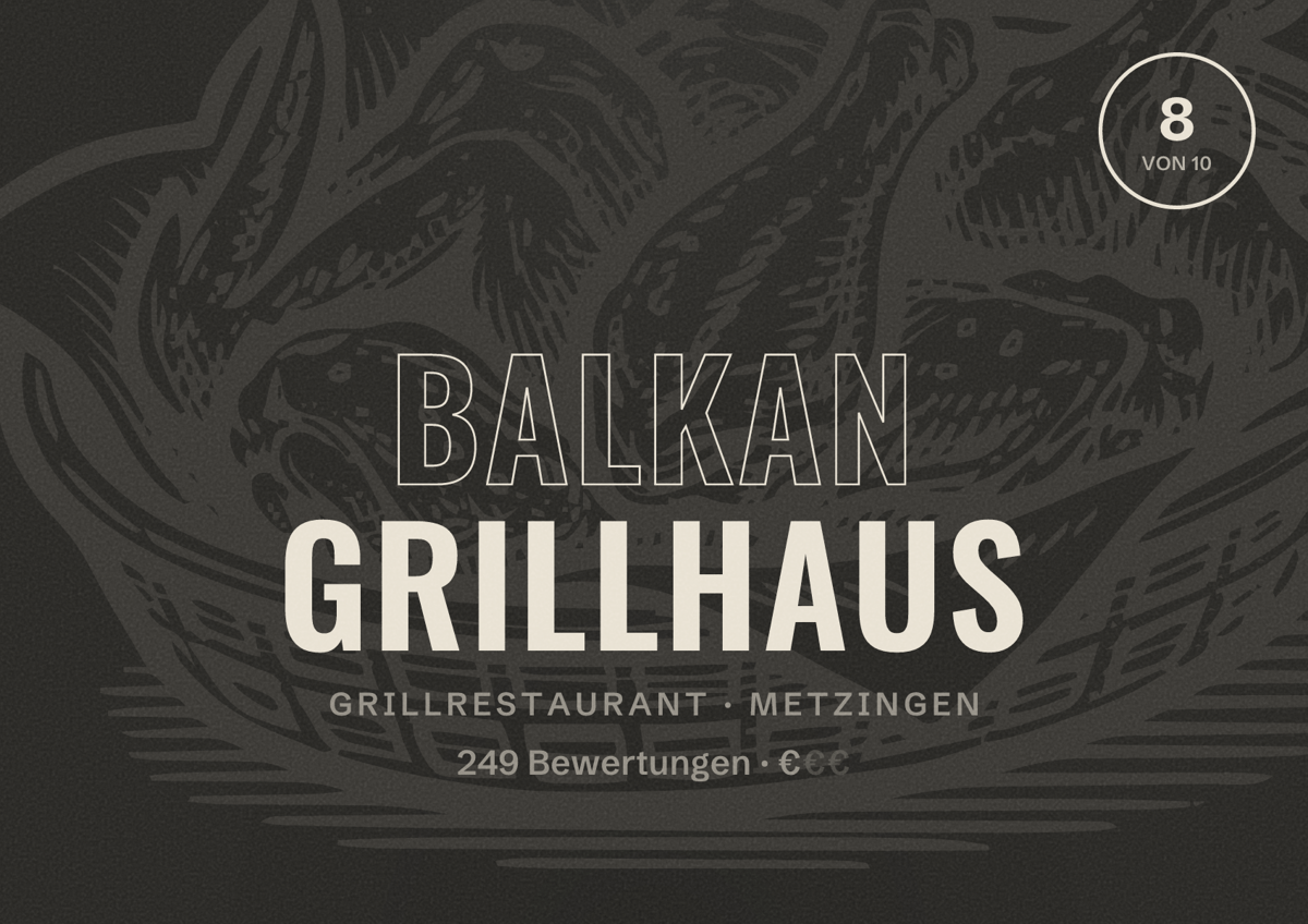 Illustriertes Poster von Balkan Grillhaus, Grillrestaurant in Metzingen: Bewertung 8 von 10 aus 249 Bewertungen, Preisniveau €