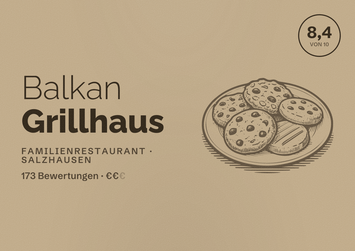 Illustriertes Poster von Balkan Grillhaus, Familienrestaurant in Salzhausen: Bewertung 8,4 von 10 aus 173 Bewertungen, Preisniveau €€