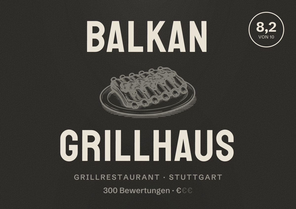 Illustriertes Poster von Balkan Grillhaus, Grillrestaurant in Stuttgart: Bewertung 8,2 von 10 aus 300 Bewertungen, Preisniveau €