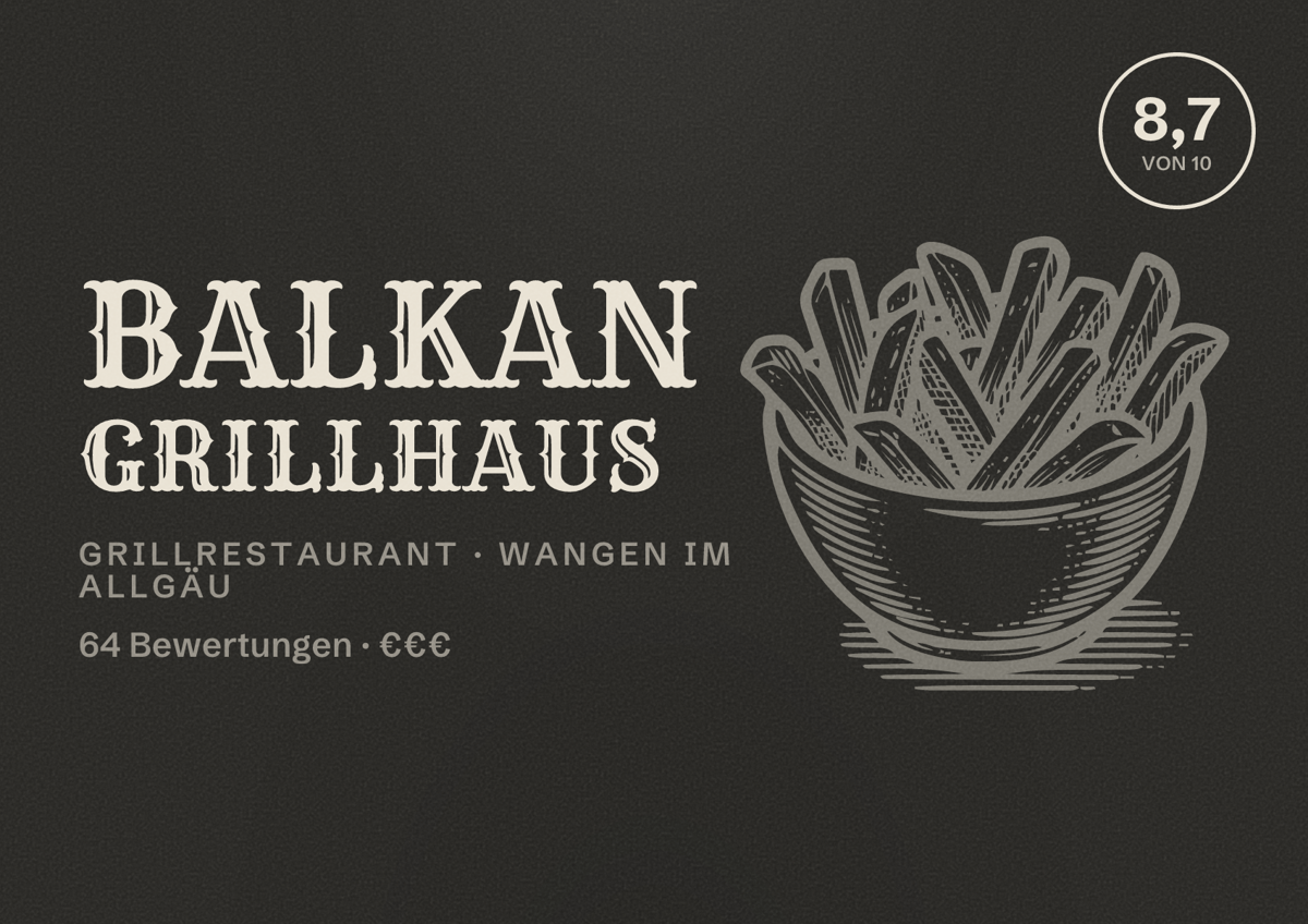 Illustriertes Poster von Balkan Grillhaus, Grillrestaurant in Wangen im Allgäu: Bewertung 8,7 von 10 aus 64 Bewertungen, Preisniveau €€€
