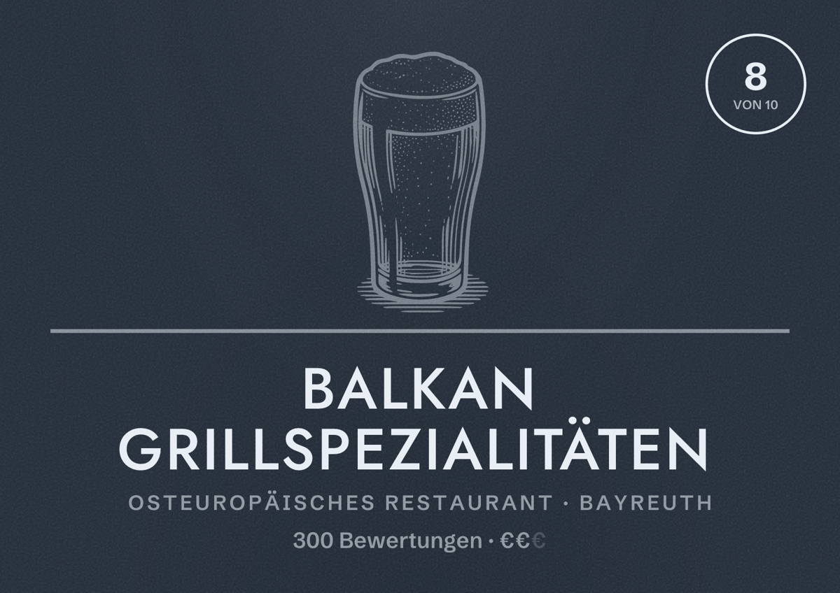 Illustriertes Poster von Balkan Grillspezialitäten, Osteuropäisches Restaurant in Bayreuth: Bewertung 8 von 10 aus 300 Bewertungen, Preisniveau €€
