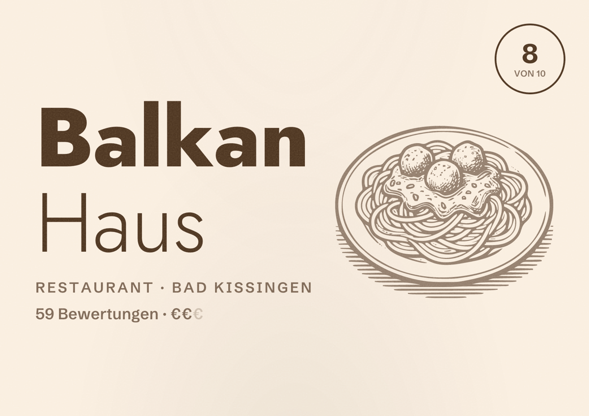 Illustriertes Poster von Balkan Haus, Restaurant in Bad Kissingen: Bewertung 8 von 10 aus 59 Bewertungen, Preisniveau €€
