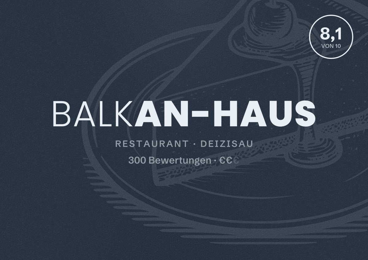 Illustriertes Poster von Balkan-Haus, Restaurant in Deizisau: Bewertung 8,1 von 10 aus 300 Bewertungen, Preisniveau €€