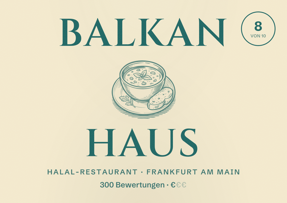 Illustriertes Poster von Balkan Haus, Halal-Restaurant in Frankfurt am Main: Bewertung 8,0 von 10 aus 300 Bewertungen, Preisniveau €