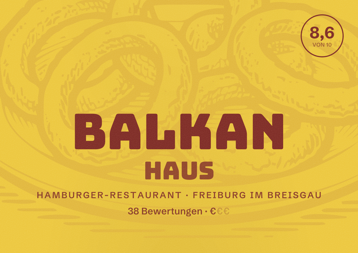 Illustriertes Poster von Balkan Haus, Hamburger-Restaurant in Freiburg im Breisgau: Bewertung 8,6 von 10 aus 38 Bewertungen, Preisniveau €