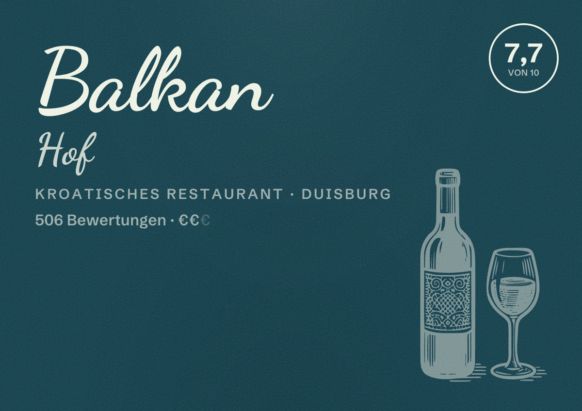 Illustriertes Poster von Balkan Hof, Kroatisches Restaurant in Duisburg: Bewertung 7,7 von 10 aus 506 Bewertungen, Preisniveau €€