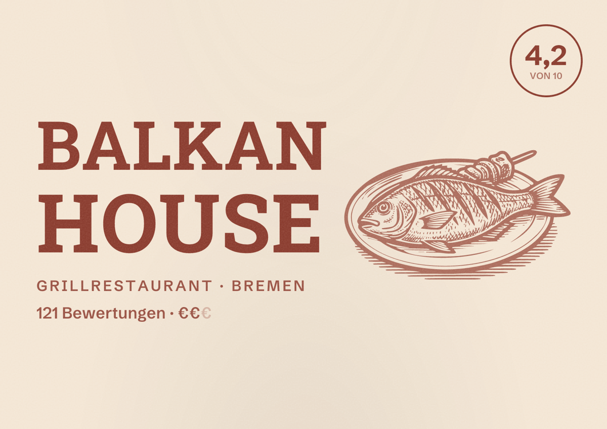 Illustriertes Poster von Balkan House, Grillrestaurant in Bremen: Bewertung 4,2 von 10 aus 121 Bewertungen, Preisniveau €€
