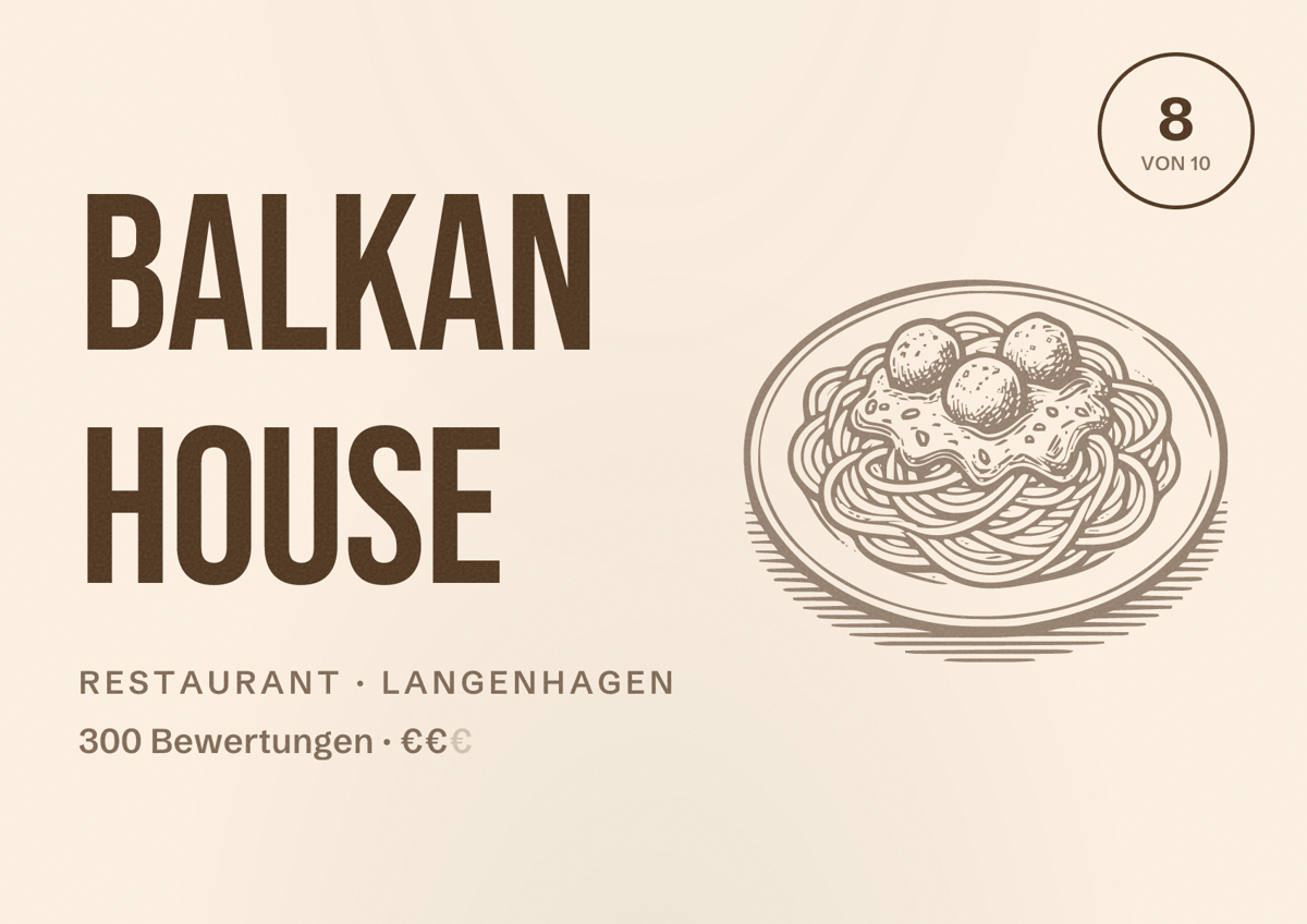 Illustriertes Poster von Balkan House, Restaurant in Langenhagen: Bewertung 8 von 10 aus 300 Bewertungen, Preisniveau €€