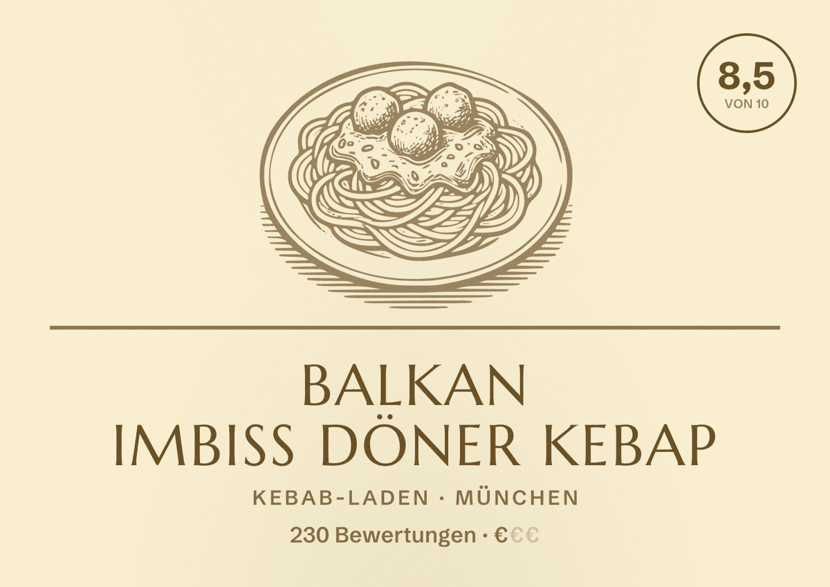Illustriertes Poster von Balkan Imbiss Döner Kebap, Kebab-Laden in München: Bewertung 8,5 von 10 aus 230 Bewertungen, Preisniveau €