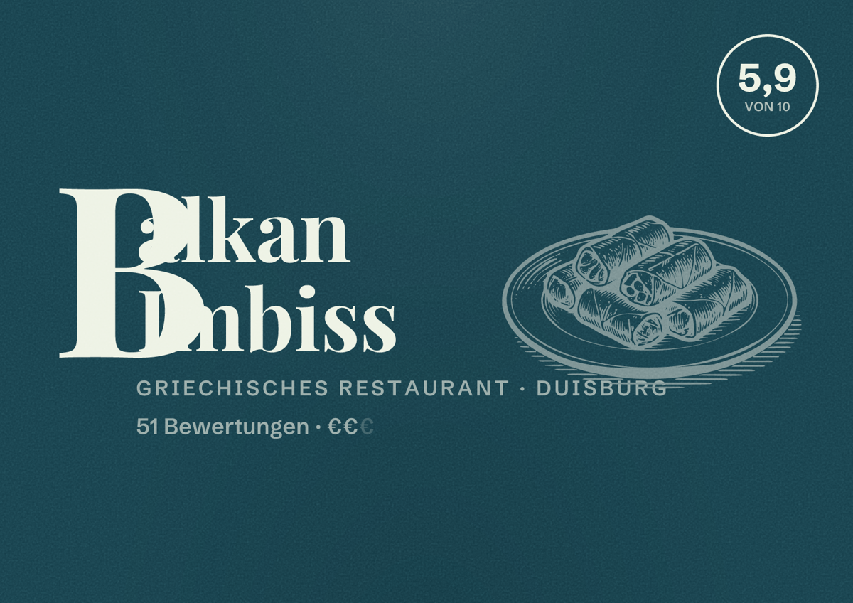Illustriertes Poster von Balkan Imbiss, Griechisches Restaurant in Duisburg: Bewertung 5,9 von 10 aus 51 Bewertungen, Preisniveau €€
