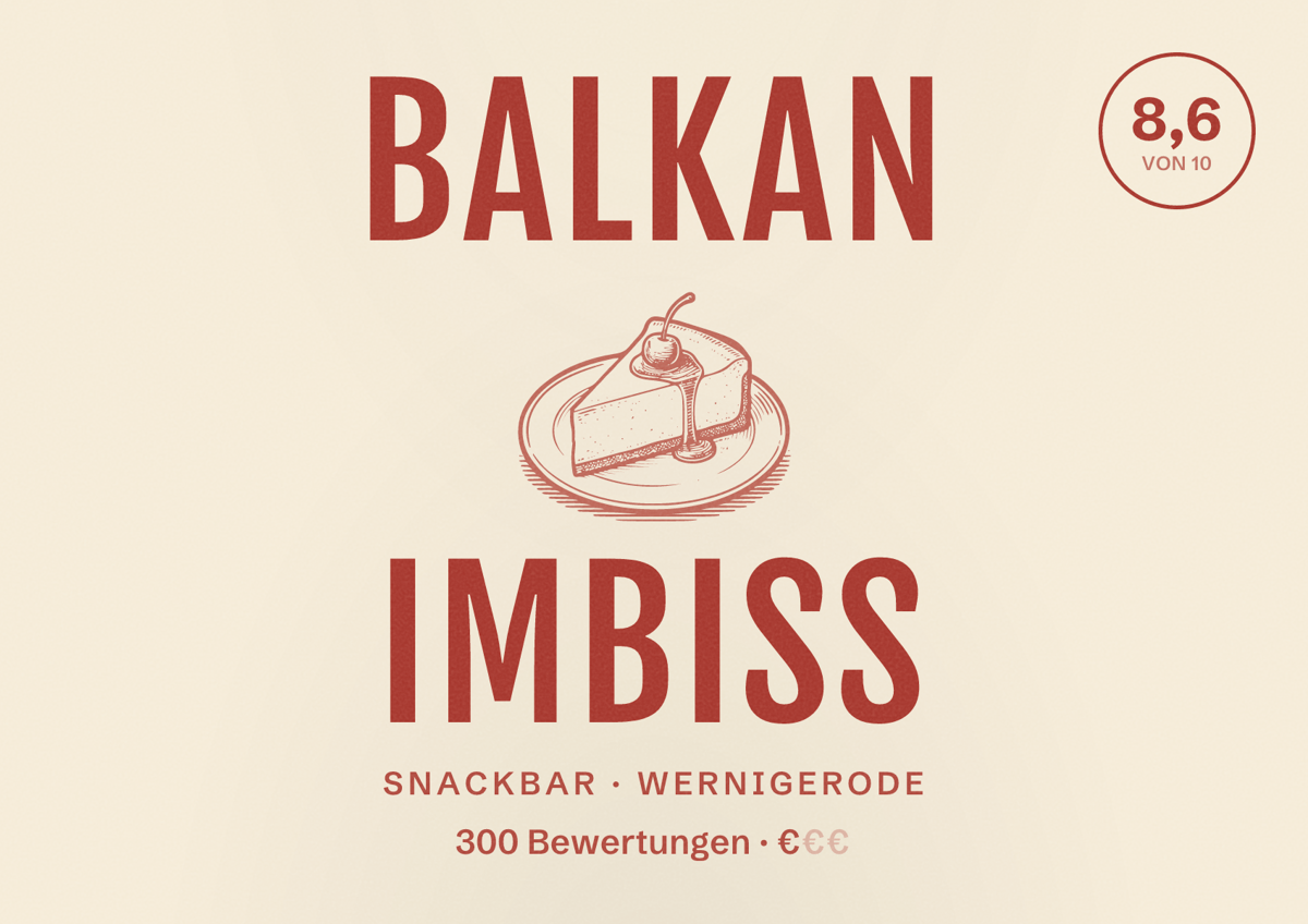 Illustriertes Poster von Balkan Imbiss, Snackbar in Wernigerode: Bewertung 8,6 von 10 aus 300 Bewertungen, Preisniveau €