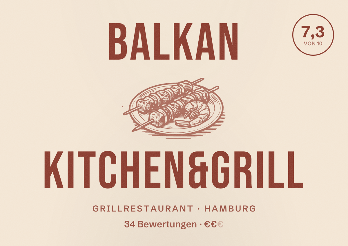 Illustriertes Poster von BALKAN KITCHEN&GRILL, Grillrestaurant in Hamburg: Bewertung 7,3 von 10 aus 34 Bewertungen, Preisniveau €€