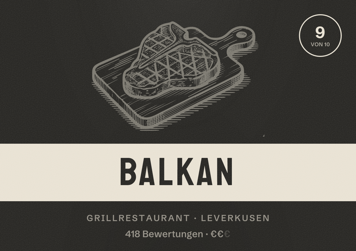 Illustriertes Poster von Balkan, Grillrestaurant in Leverkusen: Bewertung 9,0 von 10 aus 418 Bewertungen, Preisniveau €€