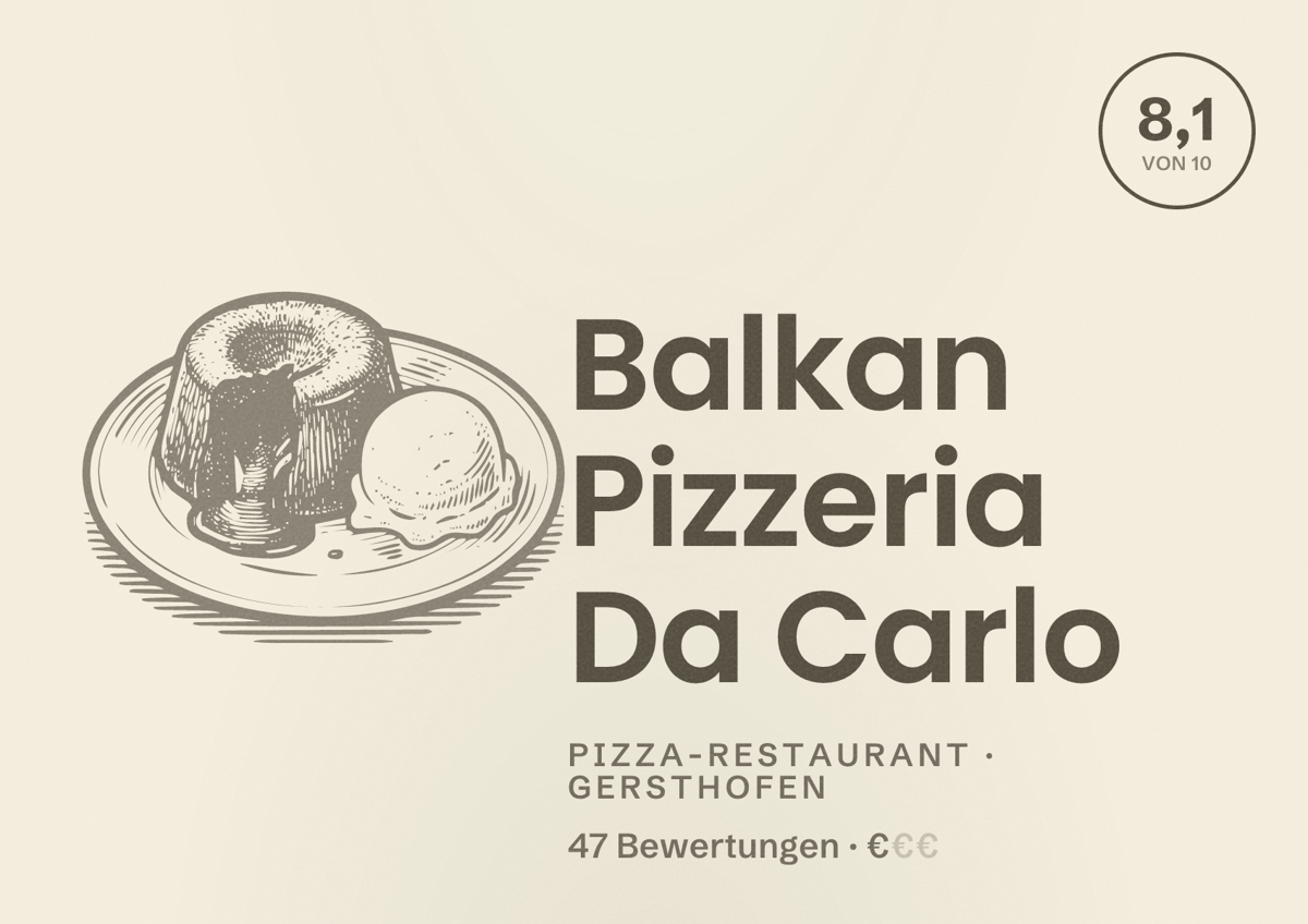 Illustriertes Poster von Balkan Pizzeria Da Carlo, Pizza-Restaurant in Gersthofen: Bewertung 8,1 von 10 aus 47 Bewertungen, Preisniveau €