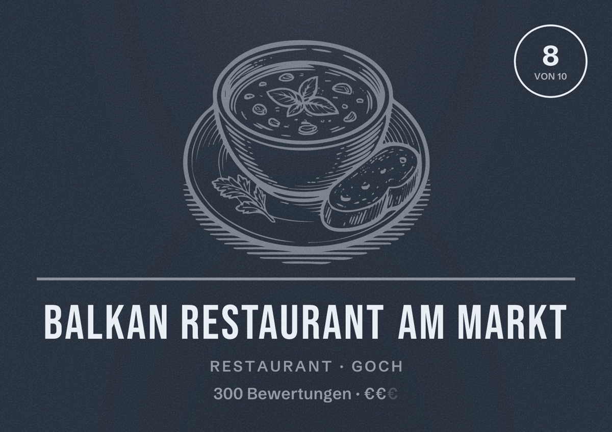 Illustriertes Poster von Balkan Restaurant Am Markt, Restaurant in Goch: Bewertung 8 von 10 aus 300 Bewertungen, Preisniveau €€