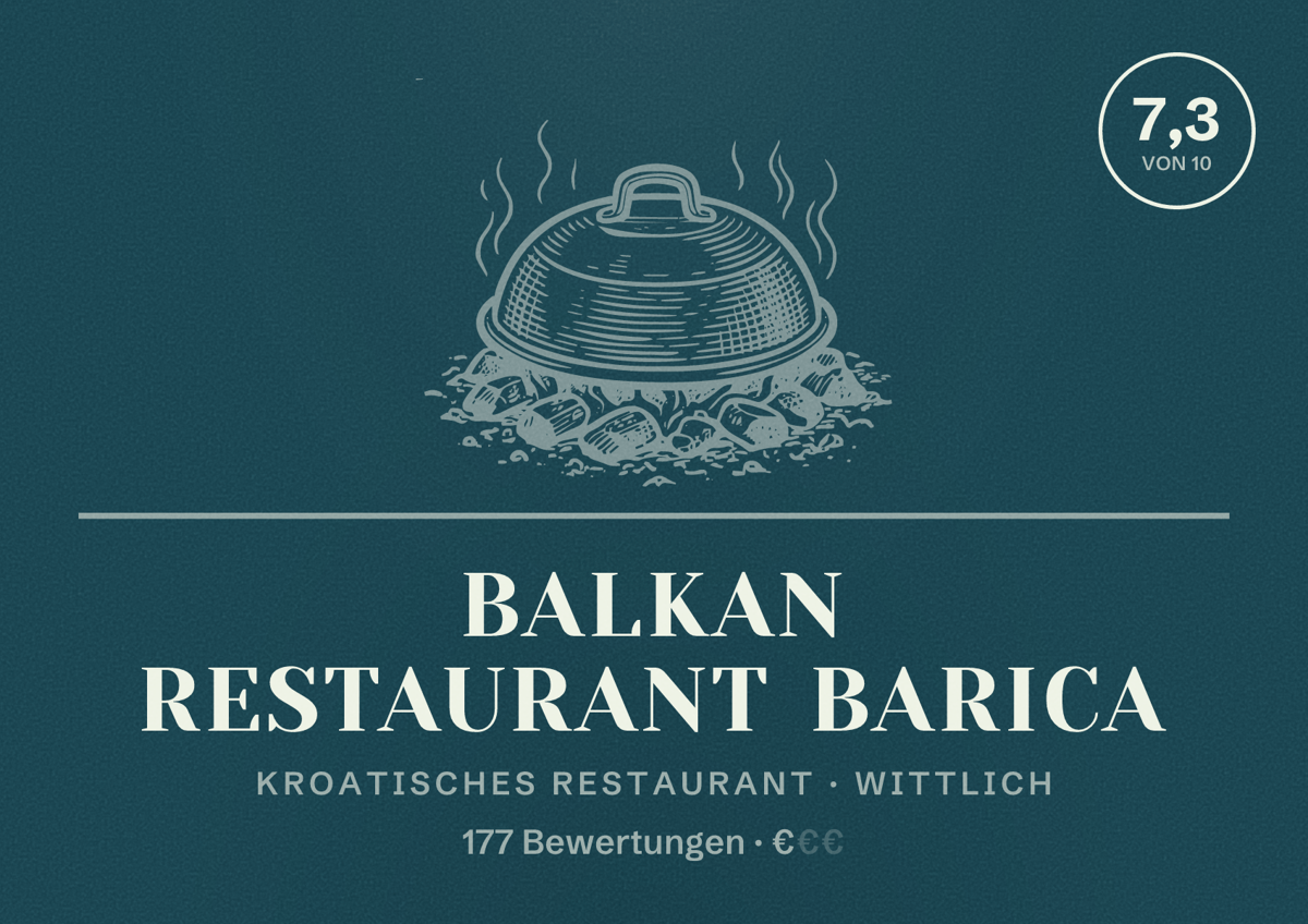 Illustriertes Poster von Balkan Restaurant BARICA, Kroatisches Restaurant in Wittlich: Bewertung 7,3 von 10 aus 177 Bewertungen, Preisniveau €