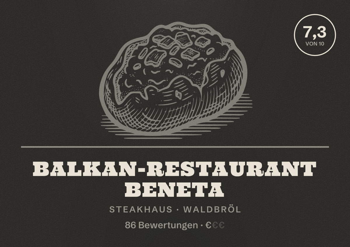Illustriertes Poster von Balkan-Restaurant Beneta, Steakhaus in Waldbröl: Bewertung 7,3 von 10 aus 86 Bewertungen, Preisniveau €