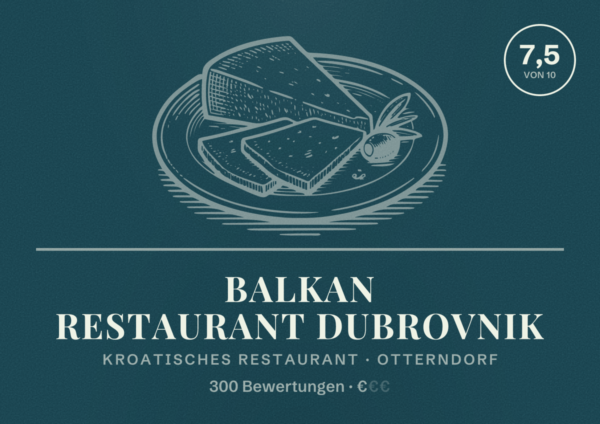 Illustriertes Poster von Balkan Restaurant Dubrovnik, Kroatisches Restaurant in Otterndorf: Bewertung 7,5 von 10 aus 300 Bewertungen, Preisniveau €