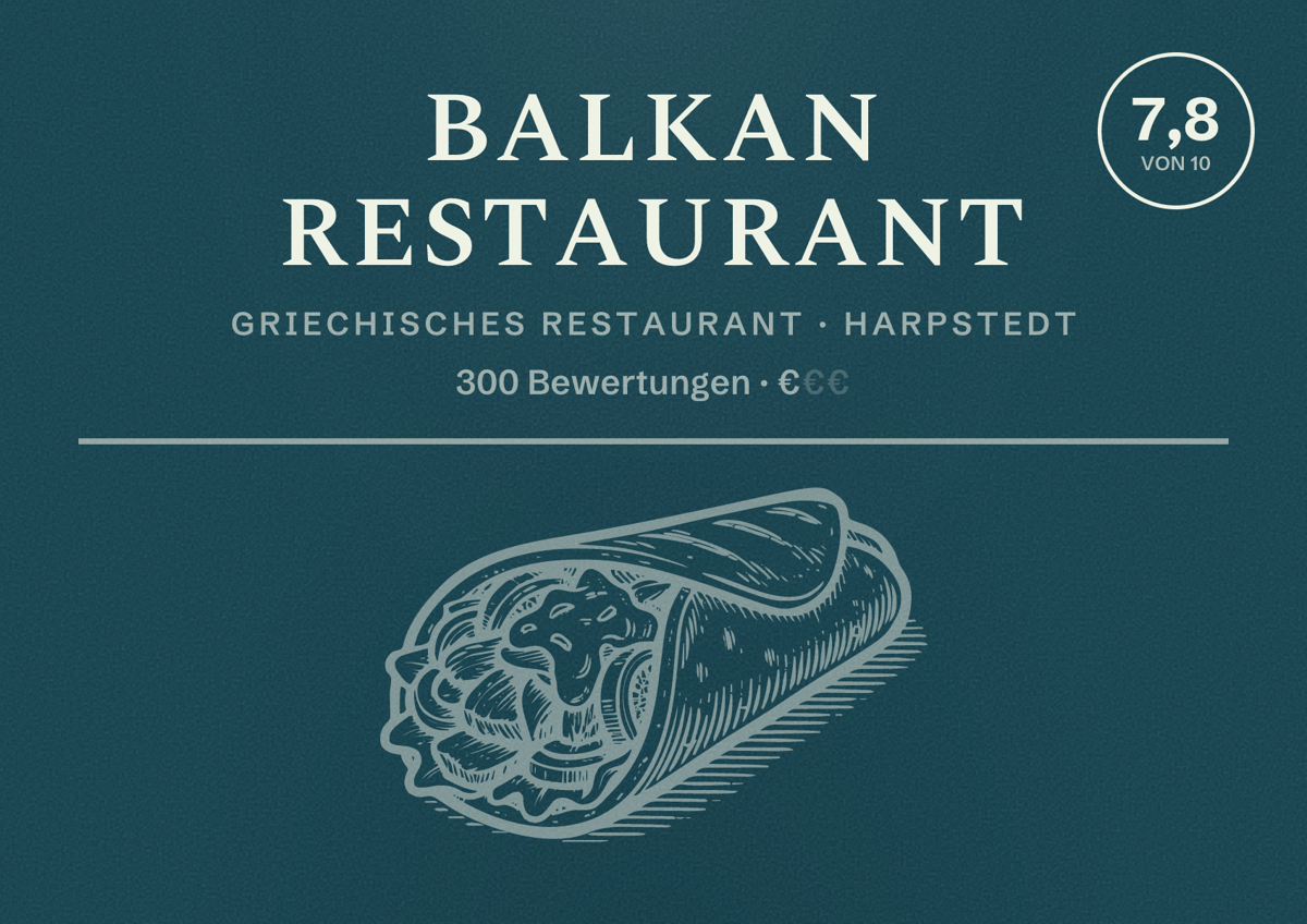 Illustriertes Poster von Balkan Restaurant, Griechisches Restaurant in Harpstedt: Bewertung 7,8 von 10 aus 300 Bewertungen, Preisniveau €