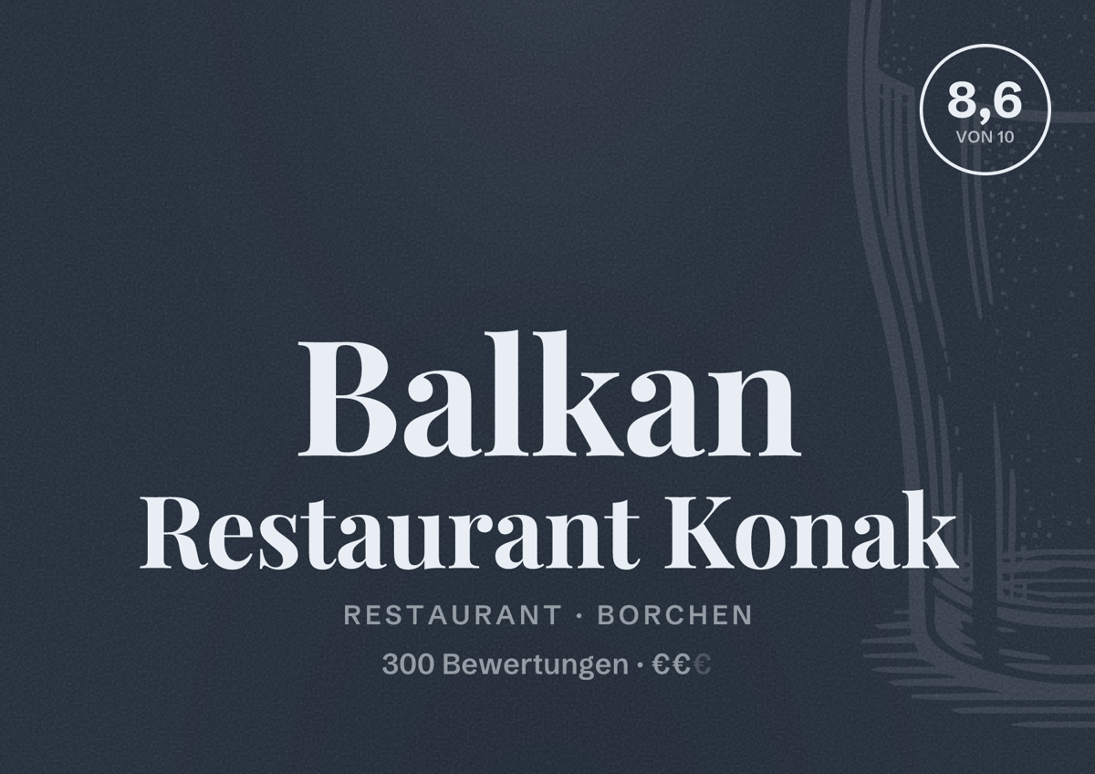 Illustriertes Poster von Balkan Restaurant Konak, Restaurant in Borchen: Bewertung 8,6 von 10 aus 300 Bewertungen, Preisniveau €€