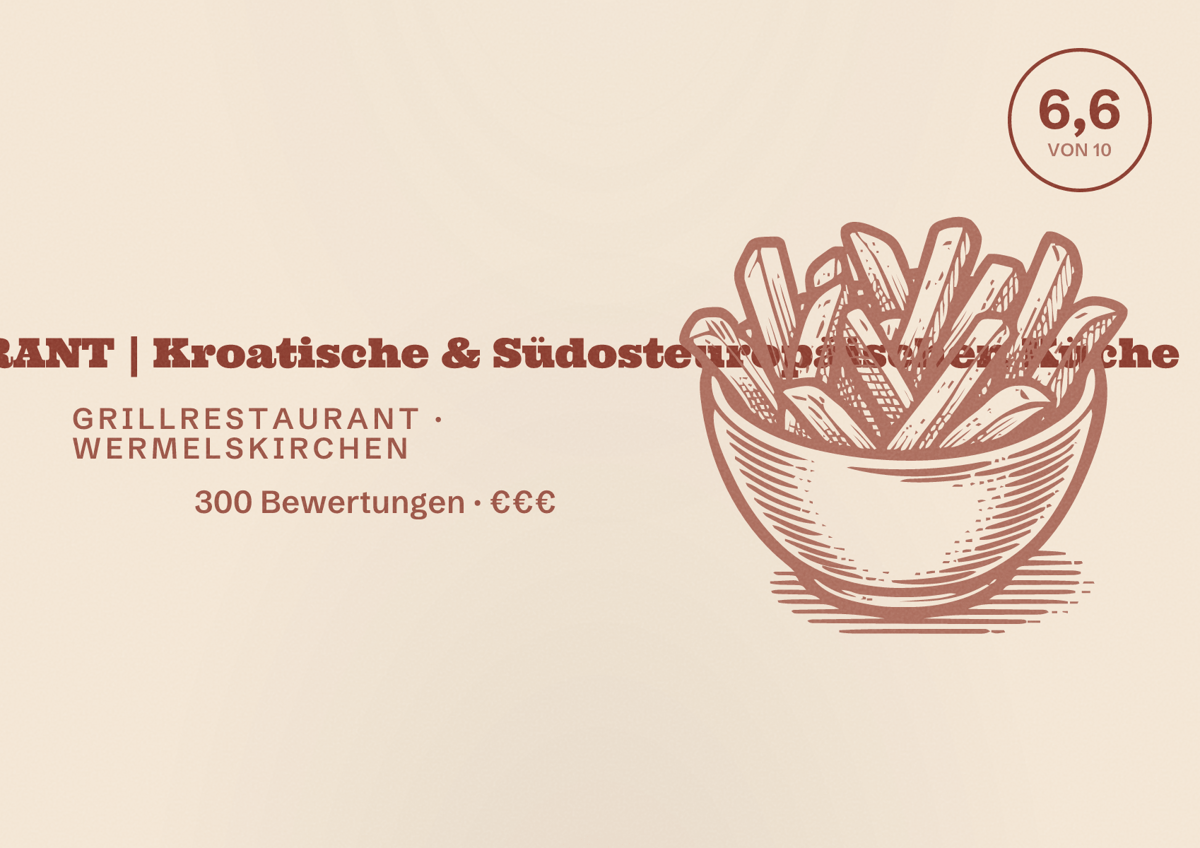 Illustriertes Poster von BALKAN RESTAURANT | Kroatische & Südosteuropäischen Küche, Grillrestaurant in Wermelskirchen: Bewertung 6,6 von 10 aus 300 Bewertungen, Preisniveau €€€