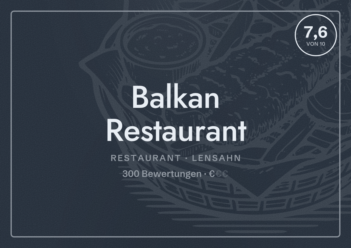 Illustriertes Poster von Balkan Restaurant, Restaurant in Lensahn: Bewertung 7,6 von 10 aus 300 Bewertungen, Preisniveau €