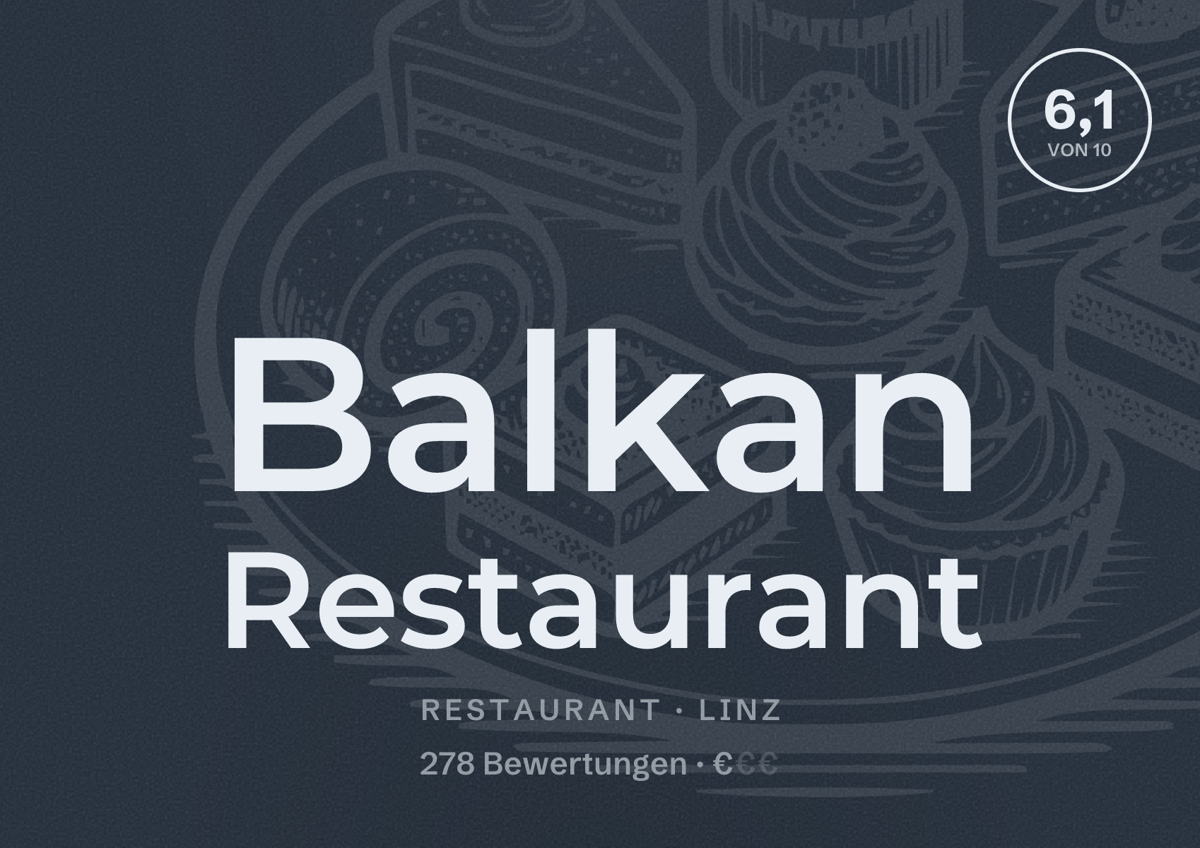 Illustriertes Poster von Balkan Restaurant, Restaurant in Linz: Bewertung 6,1 von 10 aus 278 Bewertungen, Preisniveau €