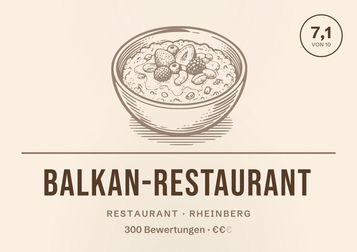 Illustriertes Poster von Balkan-Restaurant, Restaurant in Rheinberg: Bewertung 7,1 von 10 aus 300 Bewertungen, Preisniveau €€