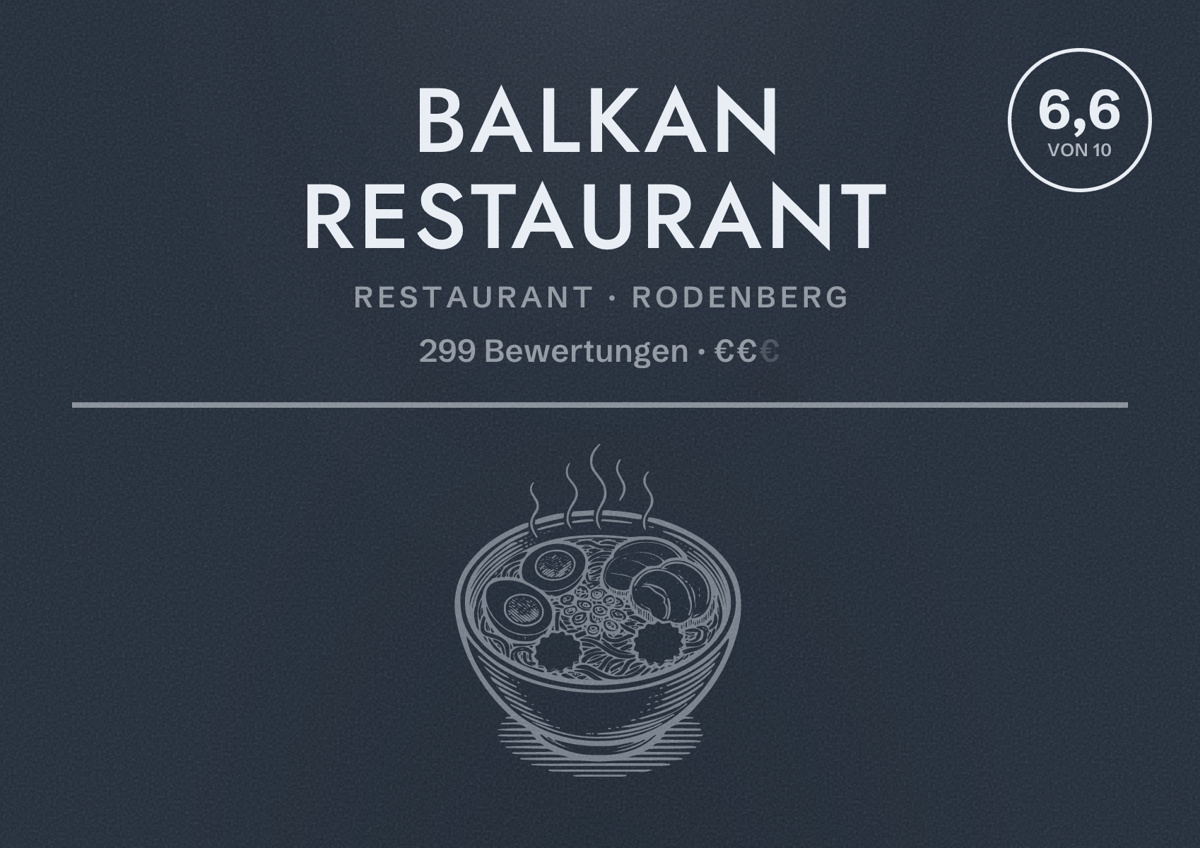 Illustriertes Poster von Balkan Restaurant, Restaurant in Rodenberg: Bewertung 6,6 von 10 aus 299 Bewertungen, Preisniveau €€