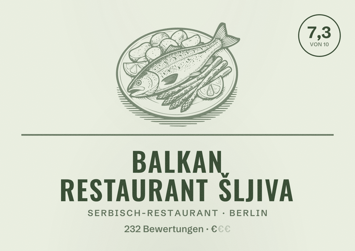 Illustriertes Poster von Balkan Restaurant Šljiva, Serbisch-Restaurant in Berlin: Bewertung 7,3 von 10 aus 232 Bewertungen, Preisniveau €