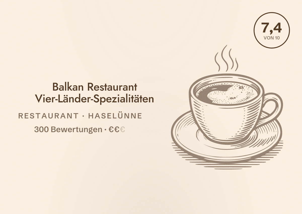 Illustriertes Poster von Balkan Restaurant Vier-Länder-Spezialitäten, Restaurant in Haselünne: Bewertung 7,4 von 10 aus 300 Bewertungen, Preisniveau €€