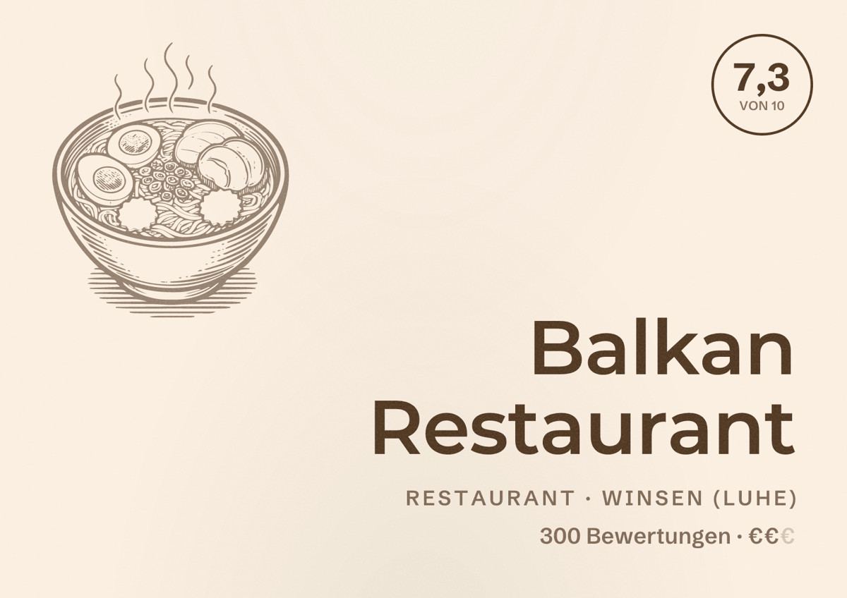Illustriertes Poster von Balkan Restaurant, Restaurant in Winsen (Luhe): Bewertung 7,3 von 10 aus 300 Bewertungen, Preisniveau €€