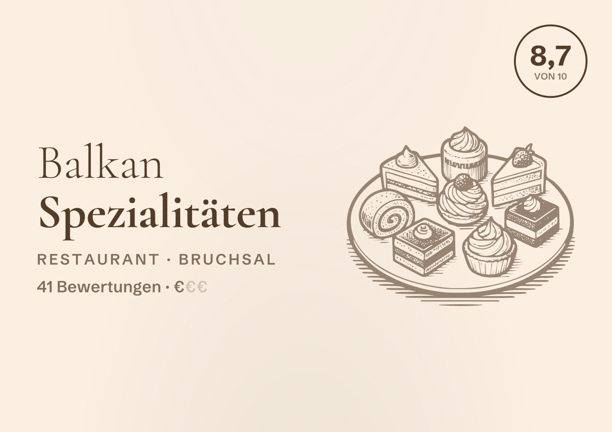 Illustriertes Poster von Balkan Spezialitäten, Restaurant in Bruchsal: Bewertung 8,7 von 10 aus 41 Bewertungen, Preisniveau €