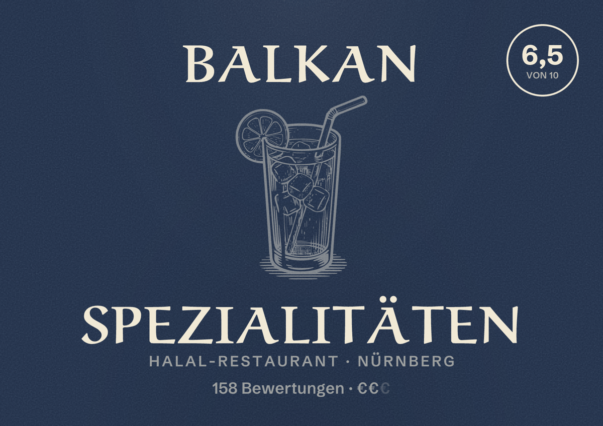 Illustriertes Poster von Balkan Spezialitäten, Halal-Restaurant in Nürnberg: Bewertung 6,5 von 10 aus 158 Bewertungen, Preisniveau €€