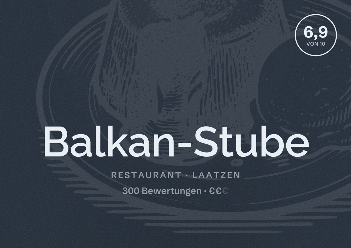 Illustriertes Poster von Balkan-Stube, Restaurant in Laatzen: Bewertung 6,9 von 10 aus 300 Bewertungen, Preisniveau €€