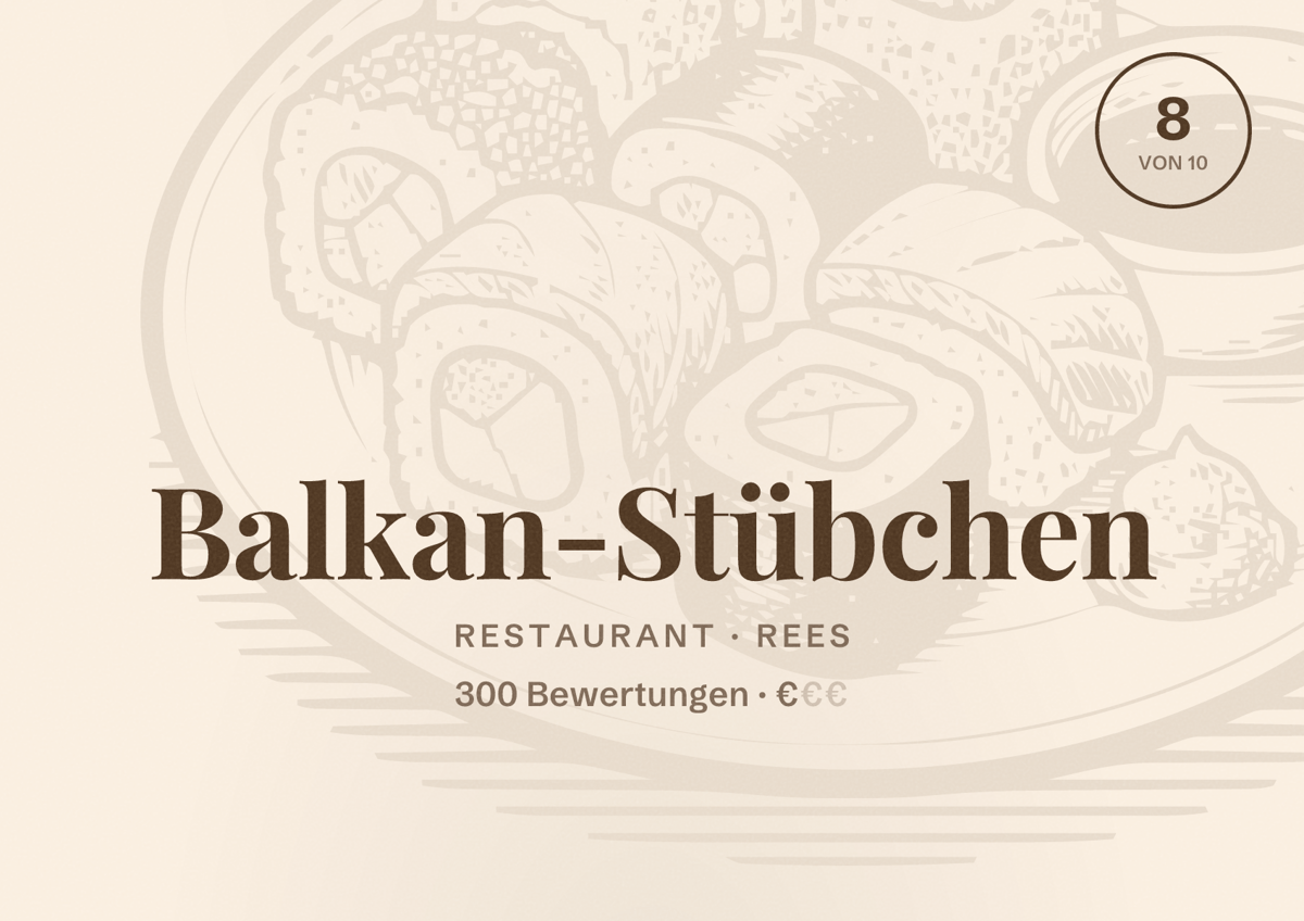 Illustriertes Poster von Balkan-Stübchen, Restaurant in Rees: Bewertung 8 von 10 aus 300 Bewertungen, Preisniveau €