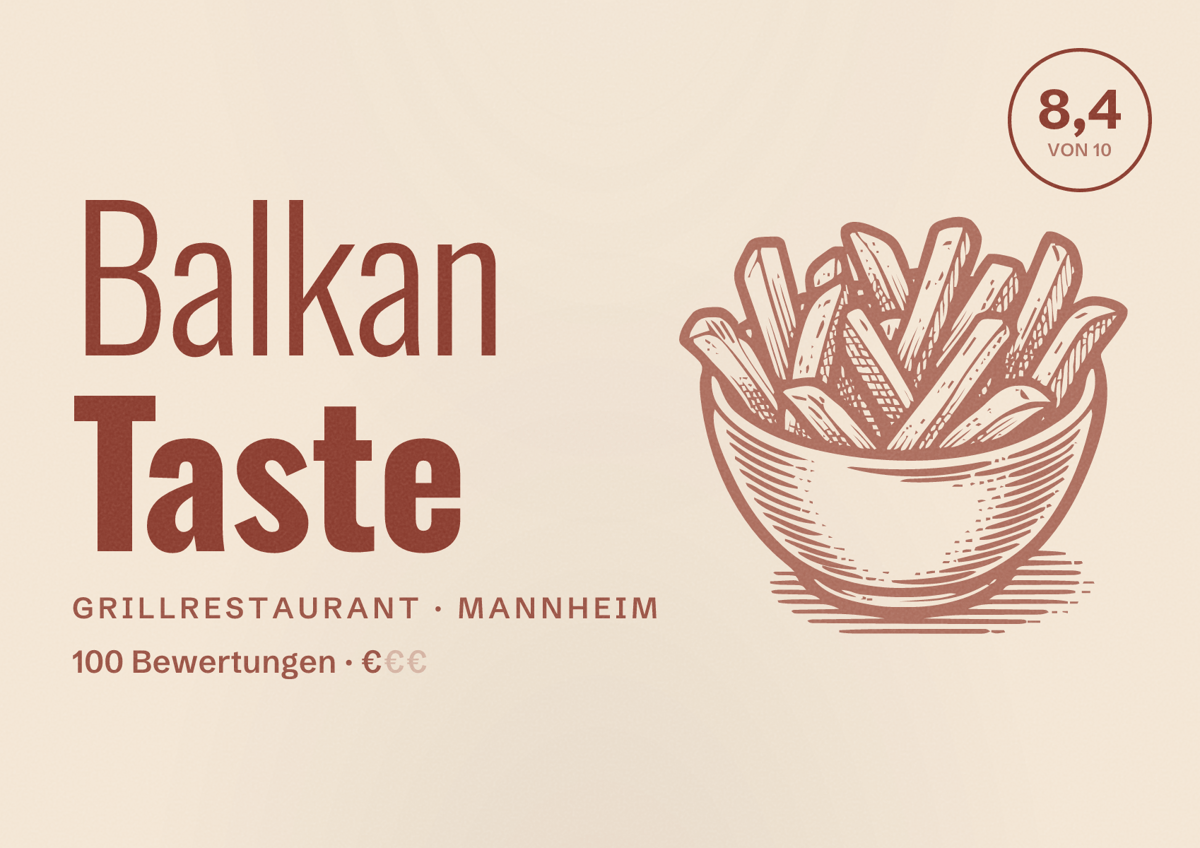 Illustriertes Poster von Balkan Taste, Grillrestaurant in Mannheim: Bewertung 8,4 von 10 aus 100 Bewertungen, Preisniveau €