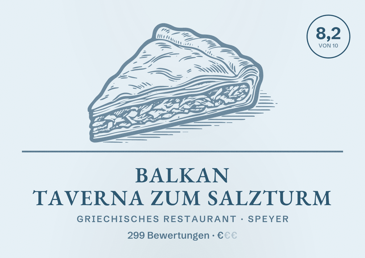 Illustriertes Poster von Balkan Taverna zum Salzturm, Griechisches Restaurant in Speyer: Bewertung 8,2 von 10 aus 299 Bewertungen, Preisniveau €