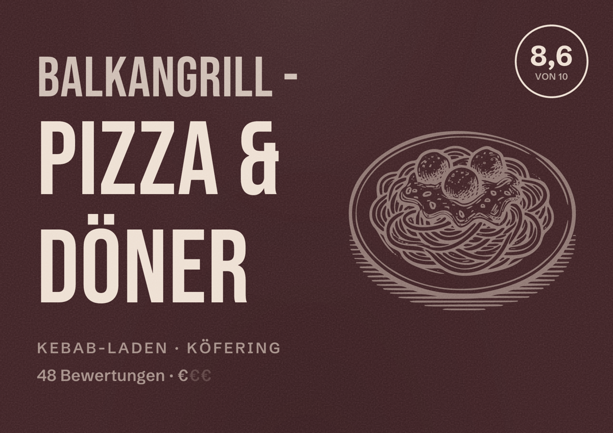 Illustriertes Poster von Balkangrill - Pizza & Döner, Kebab-Laden in Köfering: Bewertung 8,6 von 10 aus 48 Bewertungen, Preisniveau €