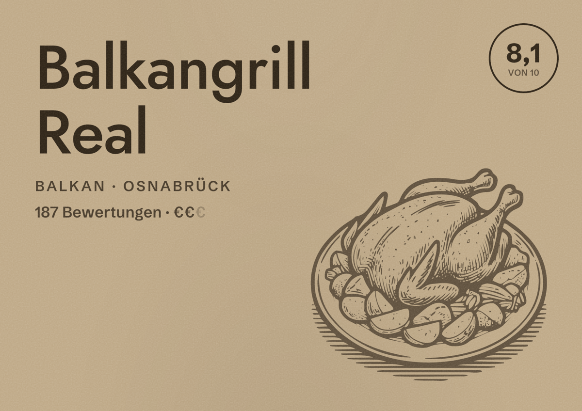 Illustriertes Poster von Balkangrill Real, Balkan in Osnabrück: Bewertung 8,1 von 10 aus 187 Bewertungen, Preisniveau €€