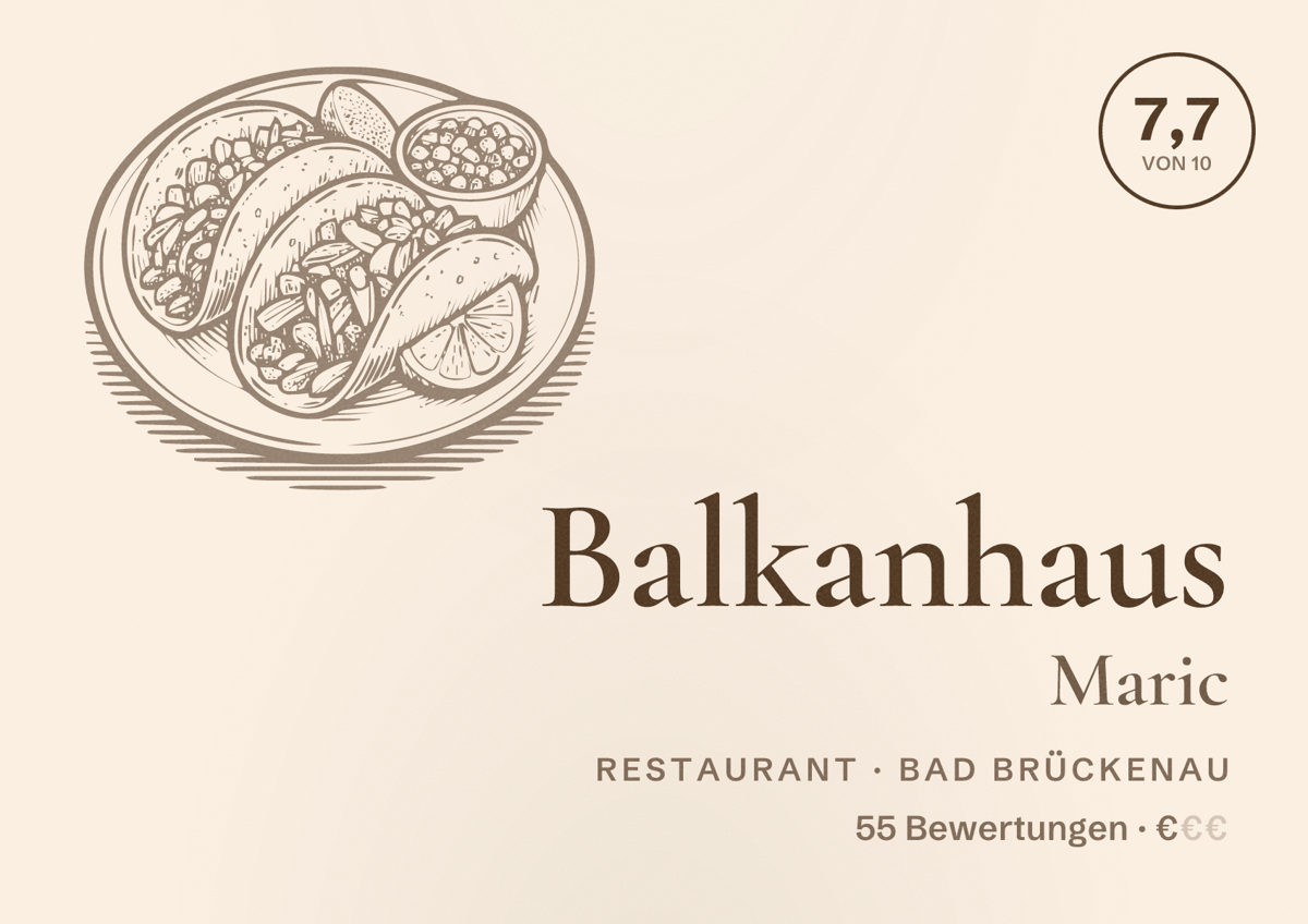 Illustriertes Poster von Balkanhaus Maric, Restaurant in Bad Brückenau: Bewertung 7,7 von 10 aus 55 Bewertungen, Preisniveau €