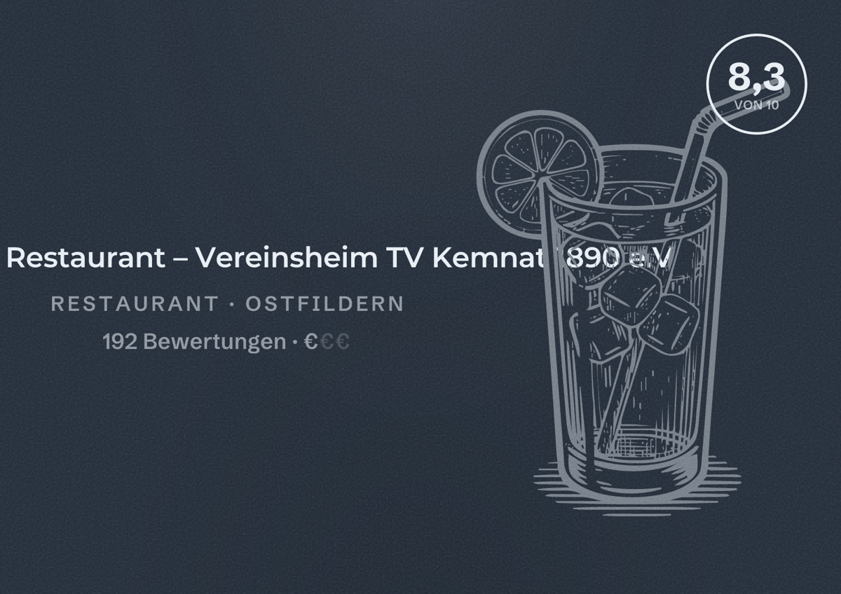 Illustriertes Poster von Balkanika Restaurant – Vereinsheim TV Kemnat 1890 e.V, Restaurant in Ostfildern: Bewertung 8,3 von 10 aus 192 Bewertungen, Preisniveau €