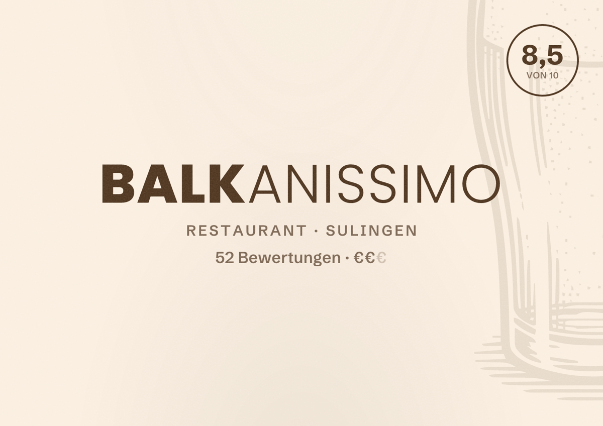 Illustriertes Poster von Balkanissimo, Restaurant in Sulingen: Bewertung 8,5 von 10 aus 52 Bewertungen, Preisniveau €€