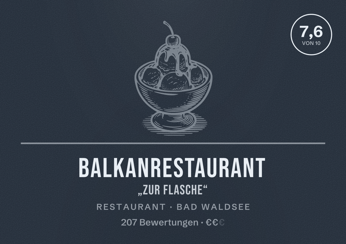 Illustriertes Poster von Balkanrestaurant „Zur Flasche“, Restaurant in Bad Waldsee: Bewertung 7,6 von 10 aus 207 Bewertungen, Preisniveau €€